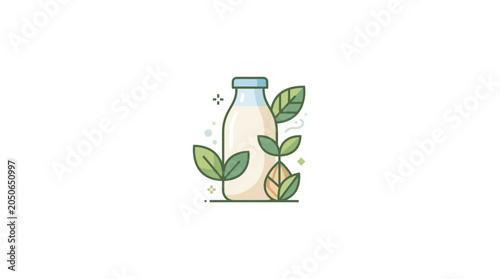 Bild auf Leinwand Plant-Based Milk Bottle with Fresh Green Leaves Illustration - Vegan Healthy Dri