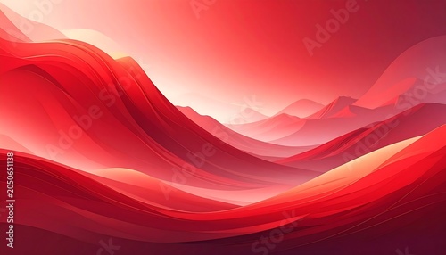 An abstract, vibrant landscape, bathed in shades of red. Flowing lines suggest undulating mountains and a hazy atmosphere