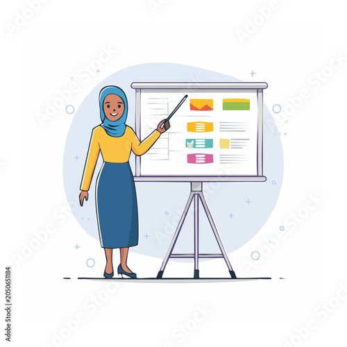Woman in hijab presenting on a whiteboard
