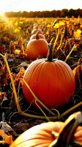 Large orange pumpkin in field during golden hour.