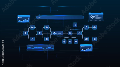 AI workflow automation artificial intelligence. ai agent network diagram with data management processing system, analytics flow and automation flow system.