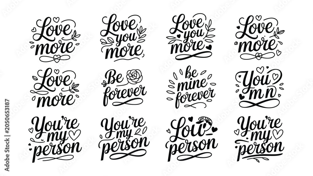 Obraz premium Romantic Valentine's Day phrases, love quotes, typography, black and white illustrations, 12 sticker set