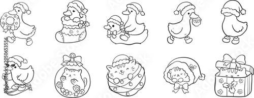 Cute Christmas Goose Cat Capybara Hand Drawn Outline Cartoon Vector Collection