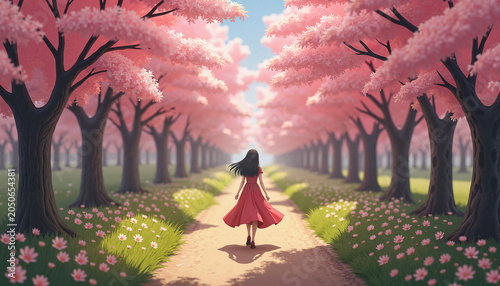Young woman walking happily through a pink cherry blossom pathway in spring 
