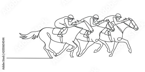Photography Continuous line drawing of jockeys racing on horses