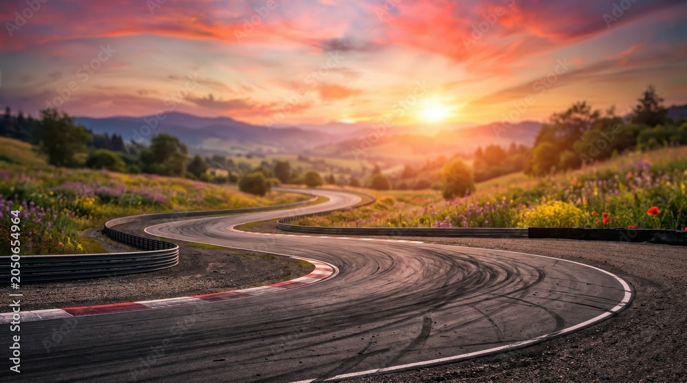 Fototapeta premium Out-of-focus sunset over racetrack curve with tire tracks and scenic view.