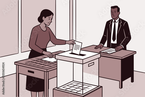 Responsible citizen casts her vote into a transparent ballot box during an official election process while an official monitors the desk.