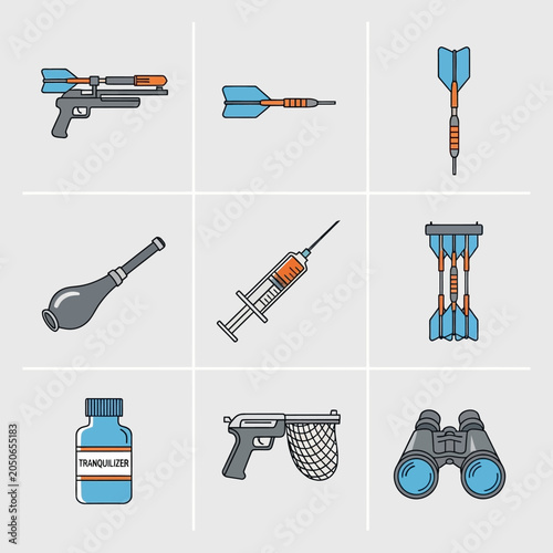 Tableau sur toile Tranquilizer Gun, Darts, Syringe, Binoculars, Net Gun Icons Set