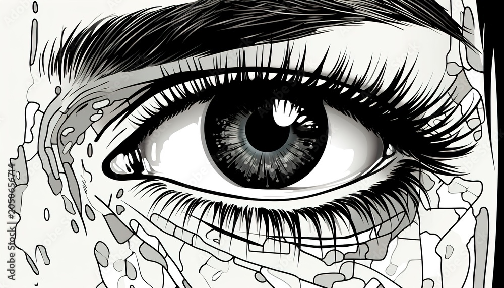 Obraz premium A close-up illustration of a human eye with tears and mascara