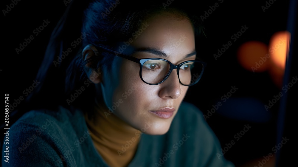 Fototapeta premium A close up portrait of a person wearing glasses set against a dark moody background with soft ambient lighting