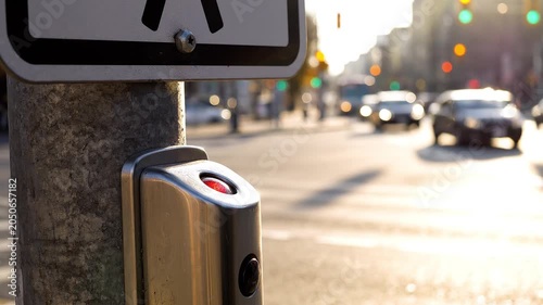 Hand Pressing a Pedestrian Crossing Signal Button at a City Intersection