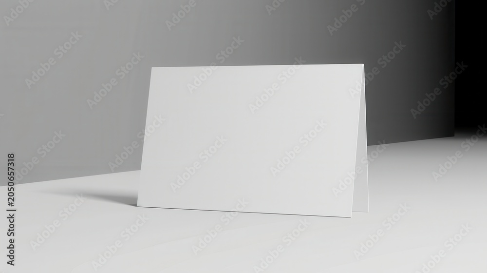 Naklejka premium Blank white paper card standing on table, minimalist interior background.