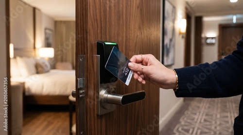 Woman's hand using a key card to unlock a hotel door.