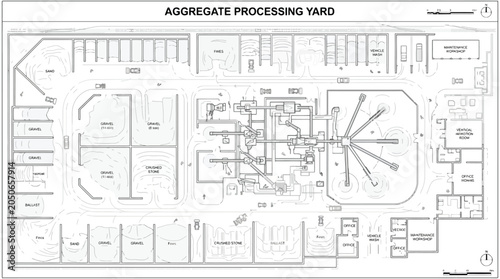 Fotografía Aerial view blueprint of an aggregate processing yard with labeled sections and