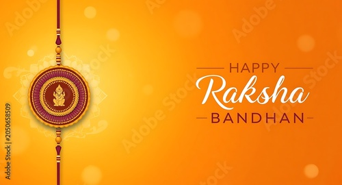 Happy Raksha Bandhan Graphic with Red Rakhi on Orange Bokeh Background