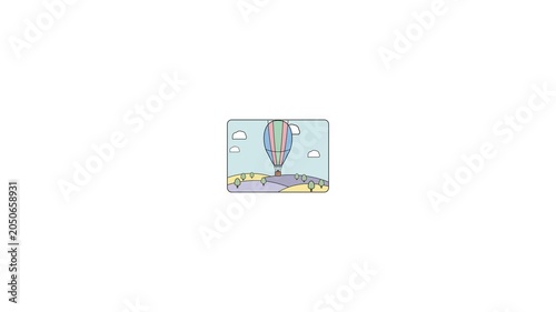 Vintage hot air balloon landscape illustration in colorful pastel shades over countryside hills