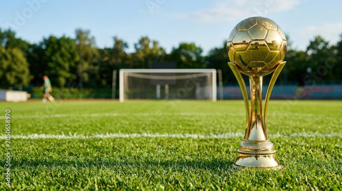 Golden soccer trophy on grass field with stadium goal in background