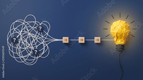 Concept of generating a brilliant idea from complex problems, visualized as a tangled mess transforming into a glowing lightbulb💡