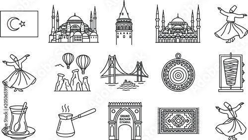 Turkey Istanbul travel doodle icon set with mosque dervish cappadocia bridge kebab tea coffee rug flag tower landmarks