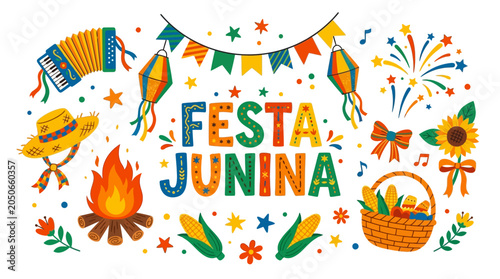 Photography Vibrant Festa Junina illustration with traditional elements and colorful decorat