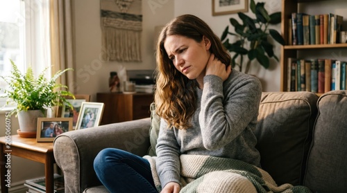 Image of a young woman experiencing neck pain while seated on a sofa in her living room, depicting individuals with muscle issues.