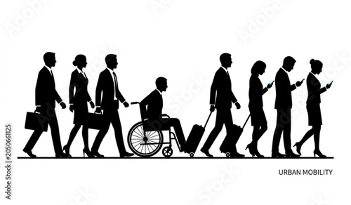 Foto Diverse business professionals commuting in city silhouette with accessibility