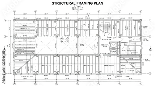Tableau sur toile Structural Framing Plan Drawing of a Building Floor with Steel Beams and Columns