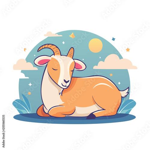 Cute goat resting under a starry sky