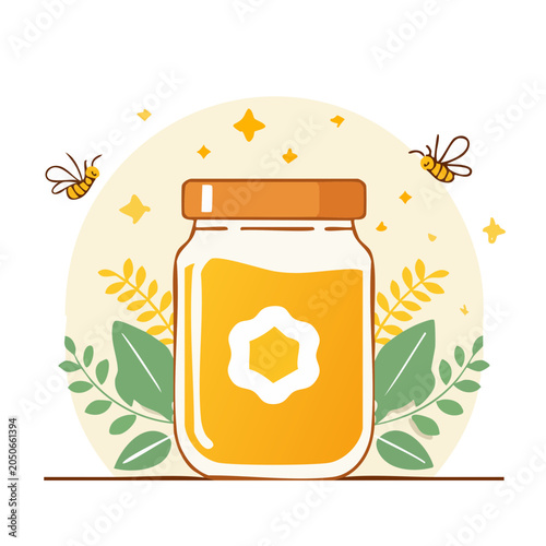 Flat design illustration of a jar of honey with bees and leaves