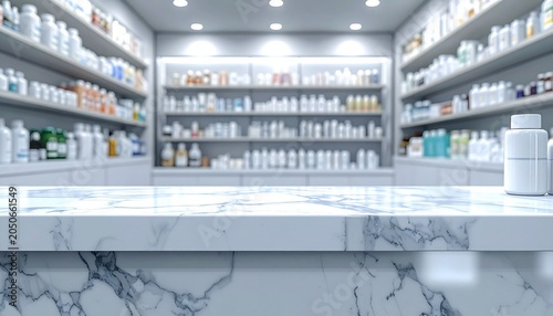 An empty white marble counter sits in front of blurry shelves in a medical supply store.