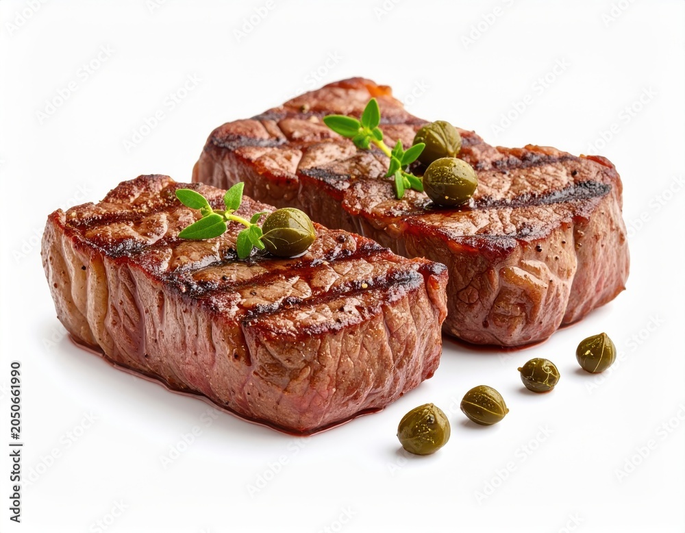Fototapeta premium Juicy grilled steak with fresh herbs and green capers served on a white background highlighting deliciously cooked beef cut with visible grill marks and garnishes for a gourmet meal