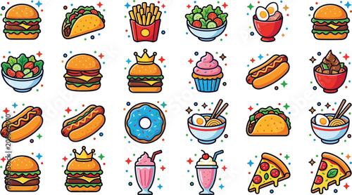 Cute Cartoon Fast Food and Junk Meal Menu Sticker Set Featuring Burgers Pizza Tacos French Fries Hot Dogs Ramen Bowls and Sweet Desserts with Sparkle Stars