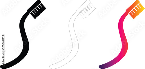 Toothbrush vector icons set in black, outline, and gradient colors, transparent background