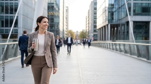 Professional business woman walking outdoors while holding coffee tumbler on a modern city bridge in London financial district at sunrise