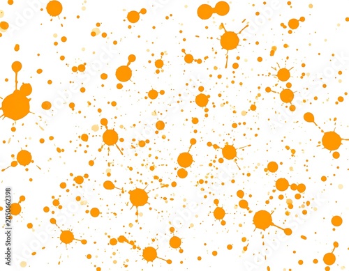 An abstract white background adorned with a pattern of orange paint splatters of various sizes