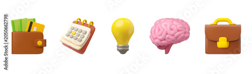 Vector 3d business icon set. Wallet, light bulb, brain, briefcase and calendar symbols. Management emoji collection