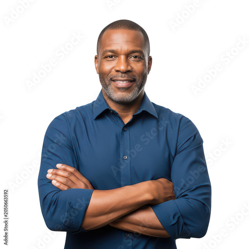 Smiling man with arms crossed wearing blue shirt isolated on transparent background