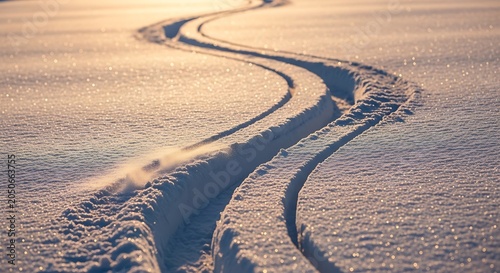 Ski track on snow at sunset