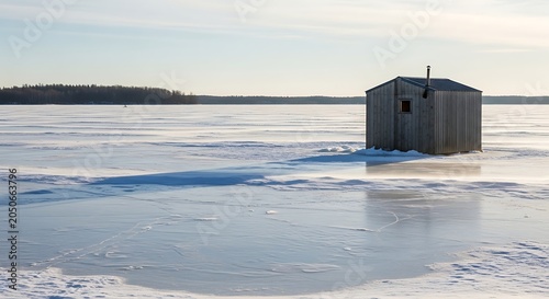 Ice fishing hut on frozen lake winter