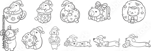 Cute Christmas Capybara Cat and Dachshund Hand Drawn Outline Cartoon Vector Set