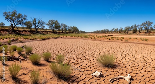 Dry riverbed in australian outback with animal bones