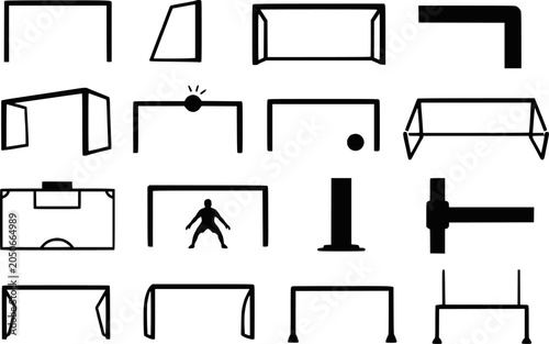 Schilderij op canvas Soccer football goal post net frame silhouettes vector icon set isolated