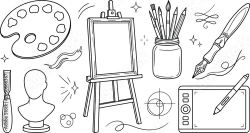 Art studio supplies and creative tools doodle icons set with easel palette brushes mannequin fountain pen and graphics tablet
