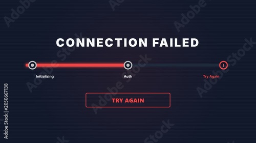 Connection failed animation, loading bar with initializing and auth progress, seamless loop, symbolizing network error and retry, representing technology and communication issues