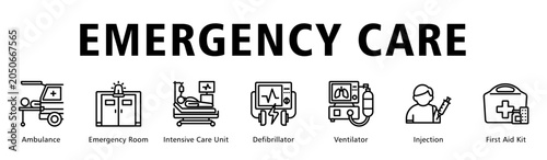 Foto Emergency Care web banner icon vector illustration featuring rapid response and critical treatment services from ambulance arrival to intensive life support