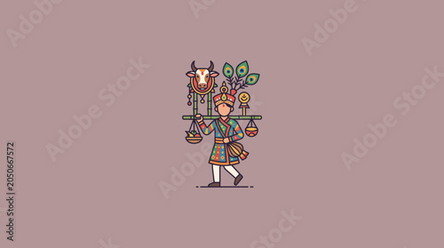 Photos Indian traditional milkman illustration with cow and peacock feathers