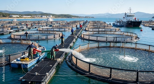 Fish farm on sea with workers and ship