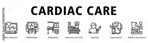 Foto Cardiac Care web banner icon vector illustration highlighting emergency heart response and intensive cardiovascular monitoring