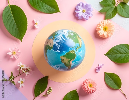 Earth Globe Surrounded by Flowers Leaves.