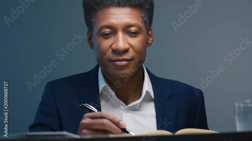 Focused businessman writing notes at desk in modern office setting